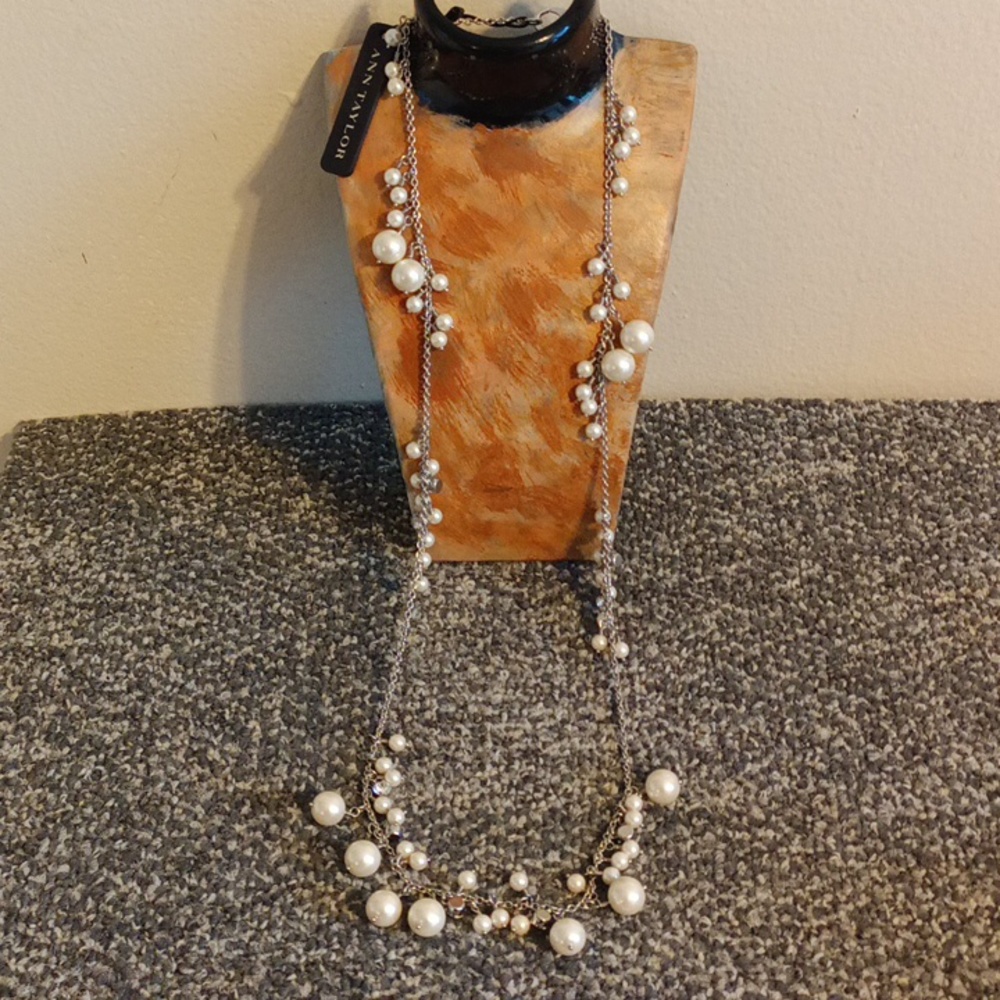 Ann Taylor Long silver tone chain faux pearl and rhinestone necklace